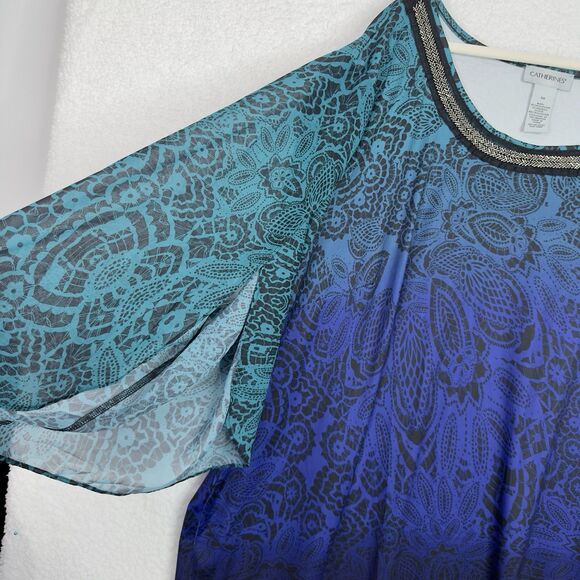 Catherines Midi Shift Dress 5X Tulip Slit Sleeve Ombré Embellishment Neck Boho - Picture 6 of 13